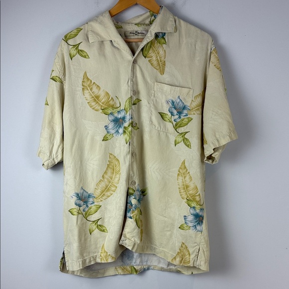 Tommy Bahama Cream and Blue Floral Shirt Silk Size Large - Picture 1 of 6
